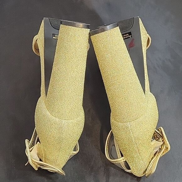 GUESS GOLD SPARKLY BLOCK HEELED ADJUSTABLE BUCKLE ANKLE STRAP OPEN TOE SANDAL - Picture 10 of 13